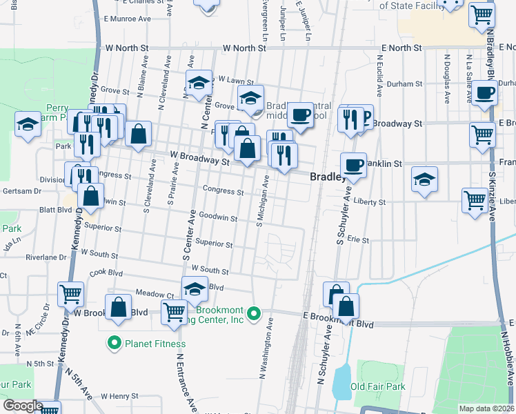 map of restaurants, bars, coffee shops, grocery stores, and more near 247 South Michigan Avenue in Bradley