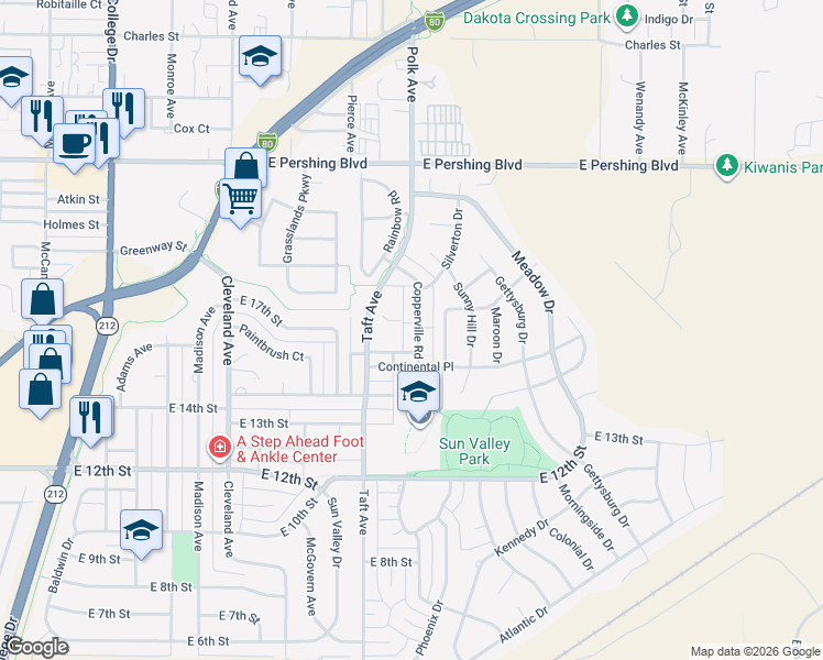 map of restaurants, bars, coffee shops, grocery stores, and more near 1532 Copperville Road in Cheyenne