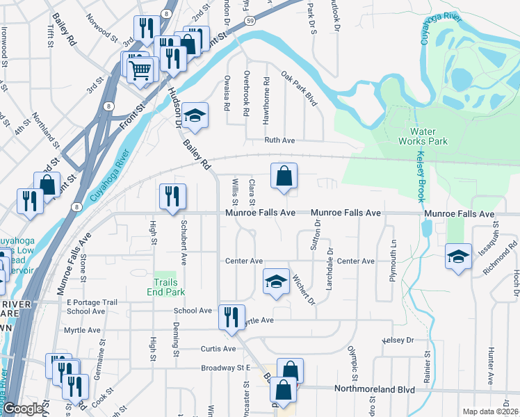 map of restaurants, bars, coffee shops, grocery stores, and more near 1151 Munroe Falls Avenue in Cuyahoga Falls