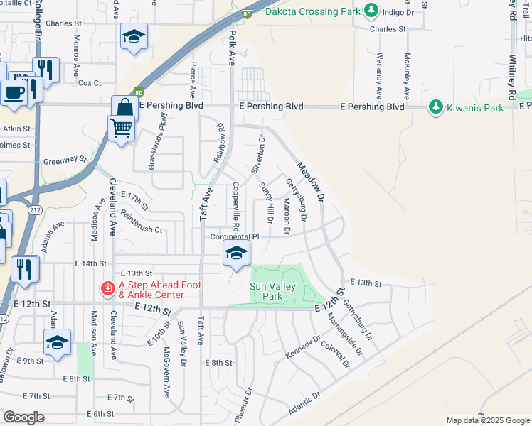 map of restaurants, bars, coffee shops, grocery stores, and more near 1608 Sunny Hill Drive in Cheyenne