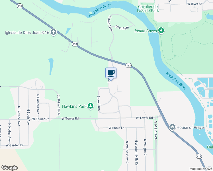 map of restaurants, bars, coffee shops, grocery stores, and more near 1365 Sioux Turn in Kankakee
