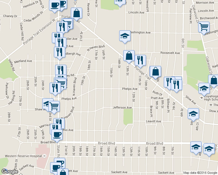 map of restaurants, bars, coffee shops, grocery stores, and more near 2408 15th Street in Cuyahoga Falls