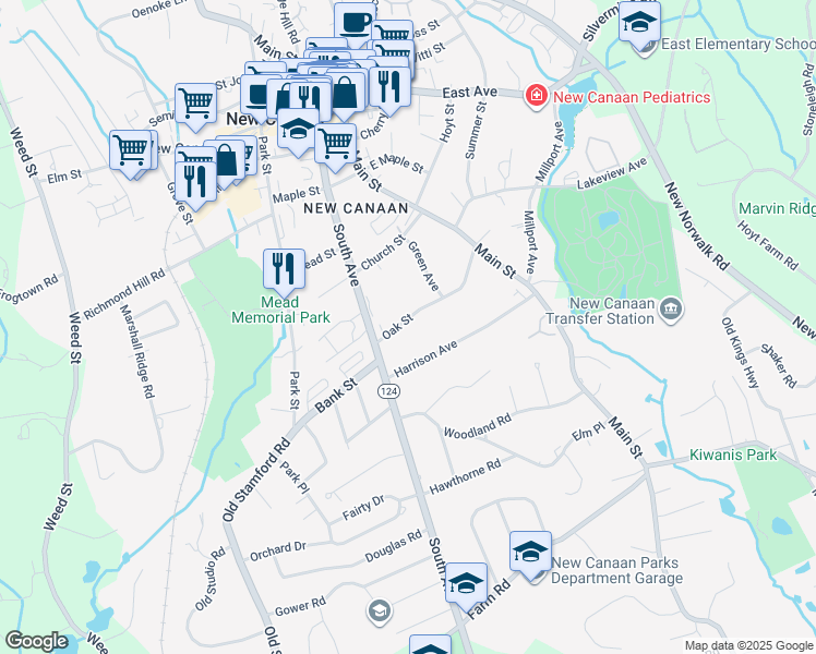 map of restaurants, bars, coffee shops, grocery stores, and more near 31 Oak Street in New Canaan