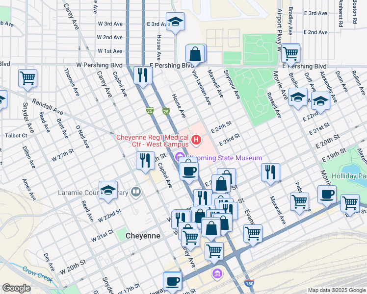 map of restaurants, bars, coffee shops, grocery stores, and more near Warren Avenue in Cheyenne