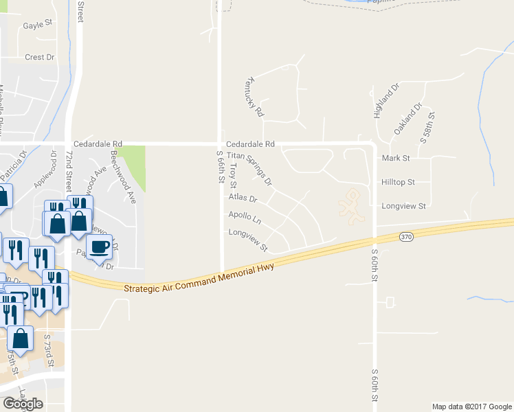 map of restaurants, bars, coffee shops, grocery stores, and more near 1907 Atlas Drive in Papillion