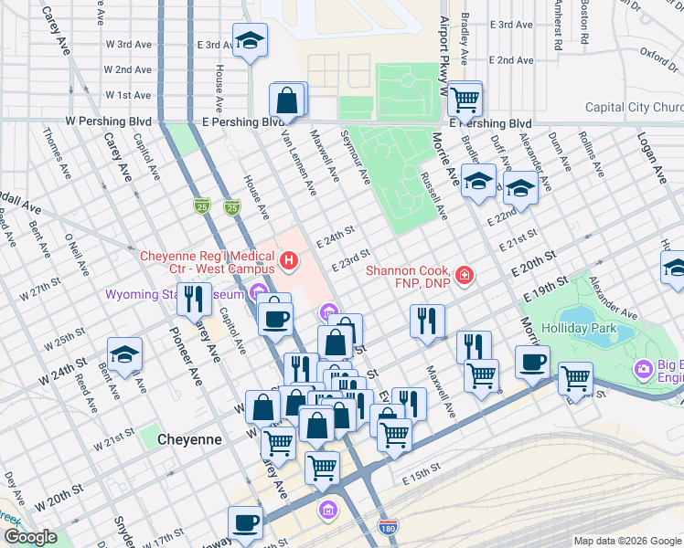 map of restaurants, bars, coffee shops, grocery stores, and more near 417 E 23rd St in Cheyenne