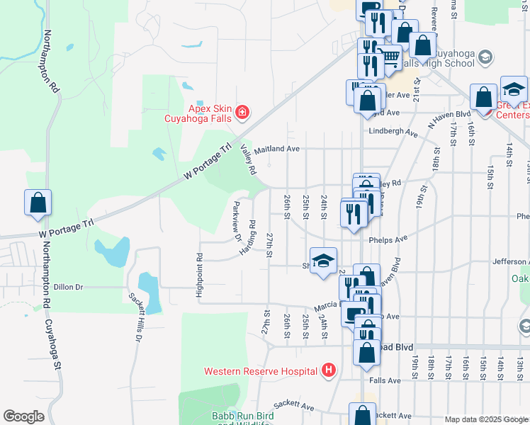 map of restaurants, bars, coffee shops, grocery stores, and more near 2402 27th Street in Cuyahoga Falls