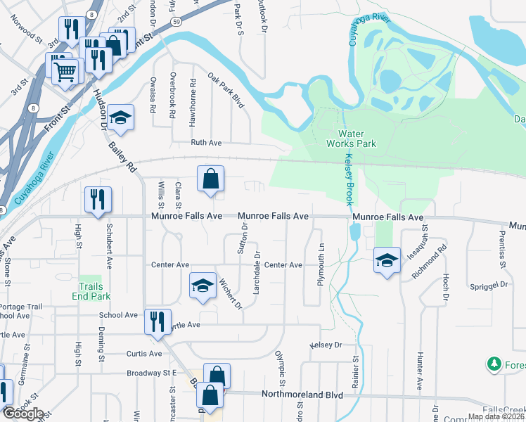 map of restaurants, bars, coffee shops, grocery stores, and more near in Cuyahoga Falls