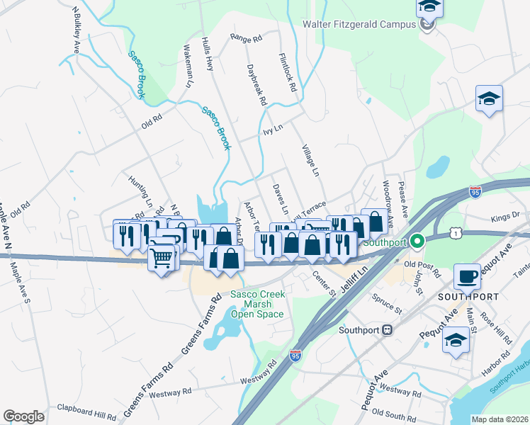 map of restaurants, bars, coffee shops, grocery stores, and more near 169 Hulls Highway in Fairfield
