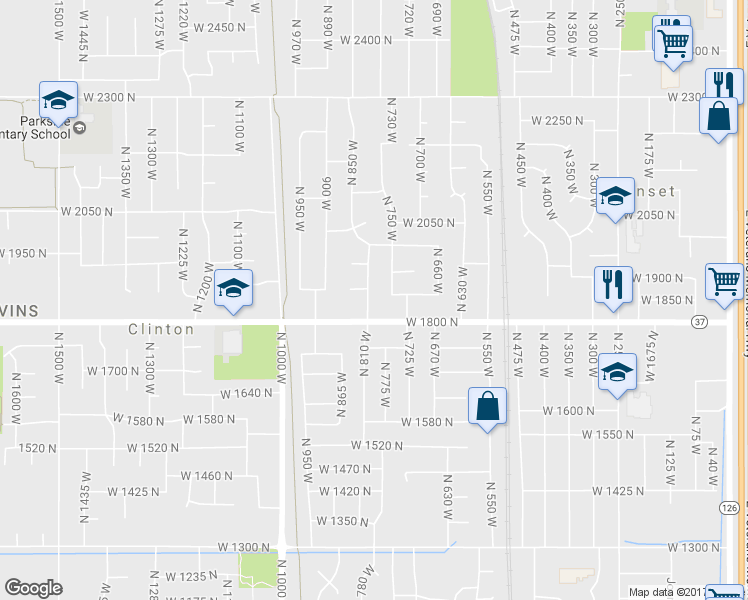 map of restaurants, bars, coffee shops, grocery stores, and more near 759 West 1860 North in Clinton