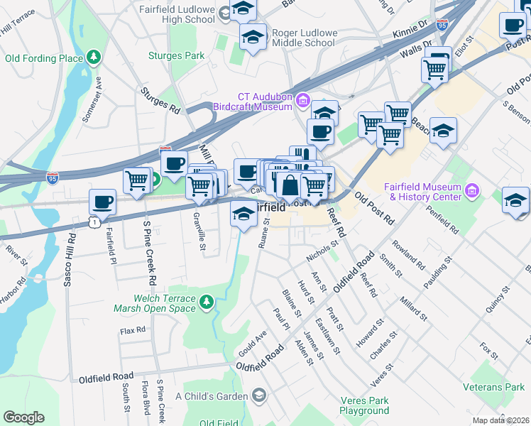 map of restaurants, bars, coffee shops, grocery stores, and more near in Fairfield