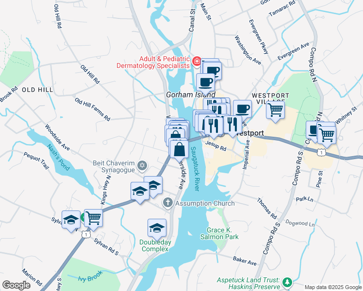 map of restaurants, bars, coffee shops, grocery stores, and more near 40 U.S. Highway 1 in Westport