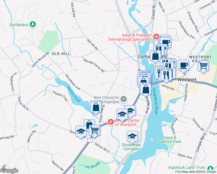 map of restaurants, bars, coffee shops, grocery stores, and more near 67 Kings Highway North in Westport
