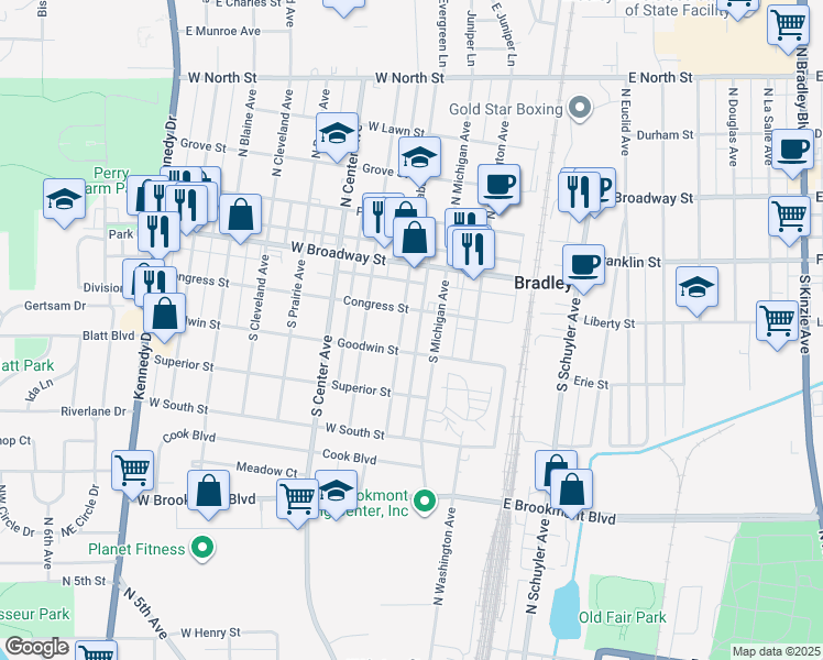 map of restaurants, bars, coffee shops, grocery stores, and more near 269 South Wabash Avenue in Bradley