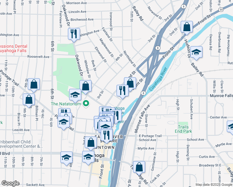 map of restaurants, bars, coffee shops, grocery stores, and more near 145 Wadsworth Avenue in Cuyahoga Falls