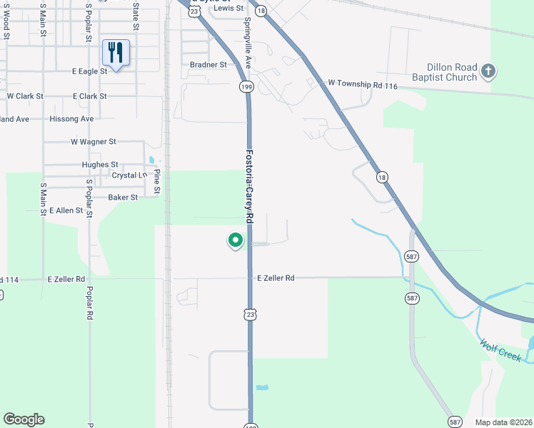 map of restaurants, bars, coffee shops, grocery stores, and more near 1210 Peeler Drive in Fostoria