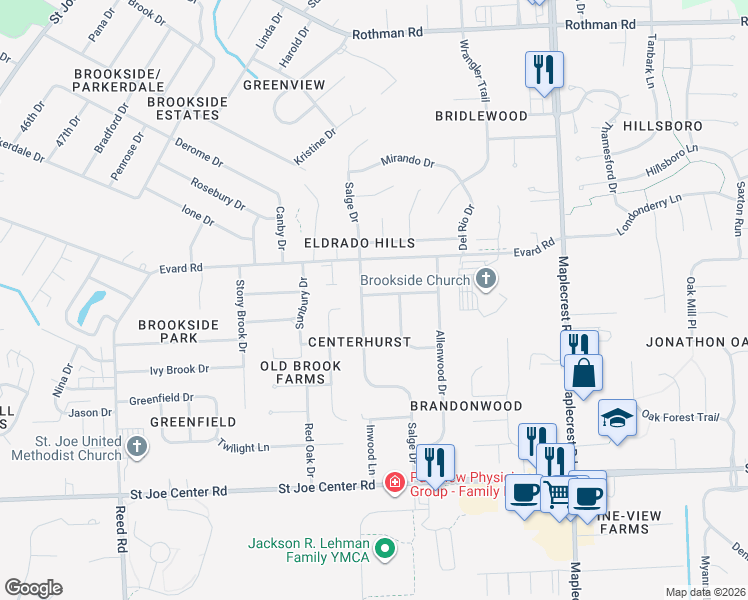 map of restaurants, bars, coffee shops, grocery stores, and more near 5614 Centerhurst Road in Fort Wayne