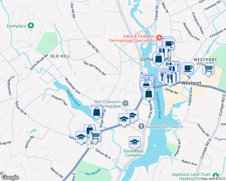 map of restaurants, bars, coffee shops, grocery stores, and more near 67 Kings Hwy N in Westport