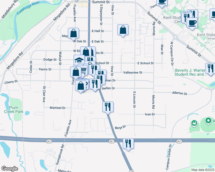 map of restaurants, bars, coffee shops, grocery stores, and more near 227 Rellim Drive in Kent