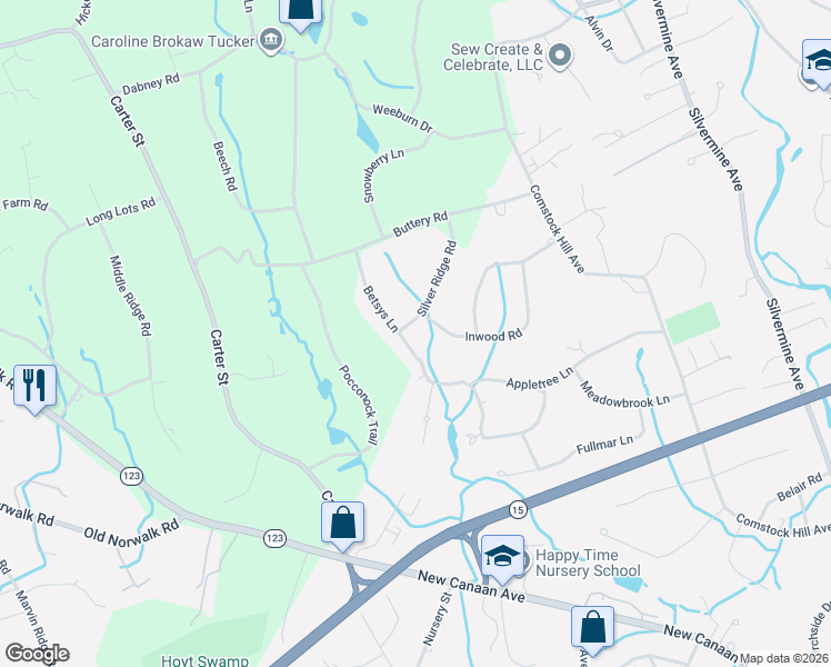 map of restaurants, bars, coffee shops, grocery stores, and more near 89 Betsys Lane in New Canaan