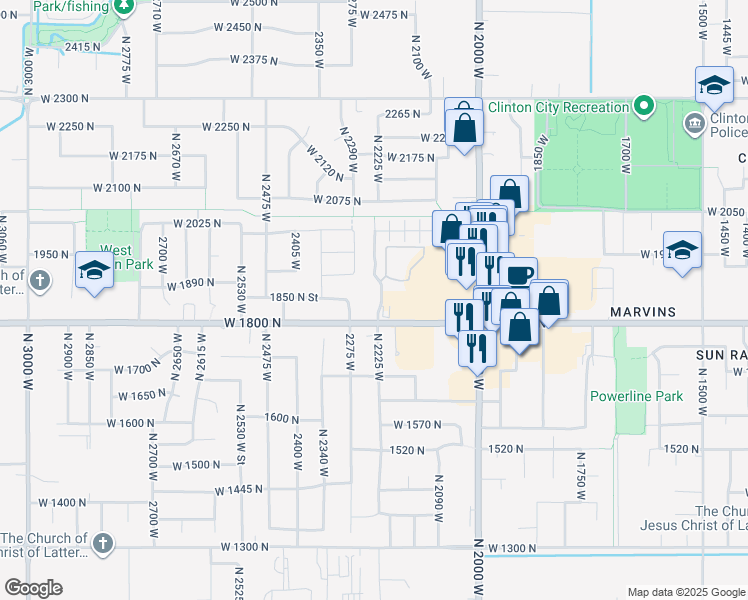 map of restaurants, bars, coffee shops, grocery stores, and more near 2244 West 1800 North in Clinton