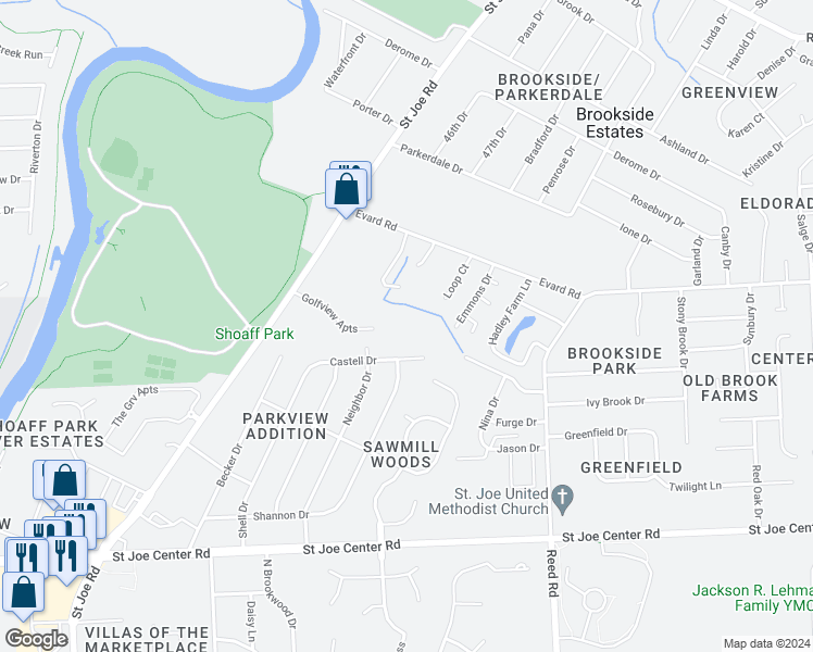 map of restaurants, bars, coffee shops, grocery stores, and more near 6400 Neighbor Drive in Fort Wayne