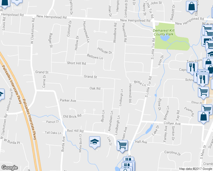 map of restaurants, bars, coffee shops, grocery stores, and more near 56 Oak Road in New City