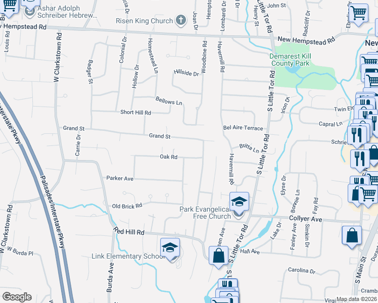 map of restaurants, bars, coffee shops, grocery stores, and more near 56 Oak Road in New City