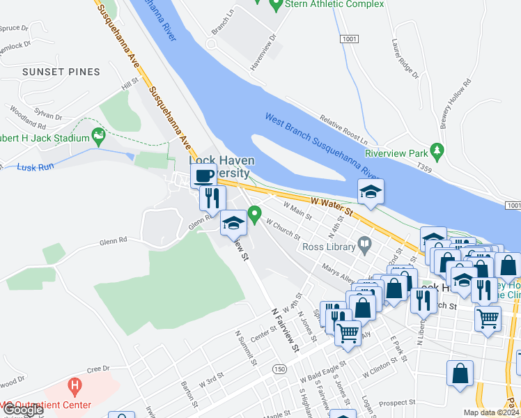 map of restaurants, bars, coffee shops, grocery stores, and more near 571 West Church Street in Lock Haven