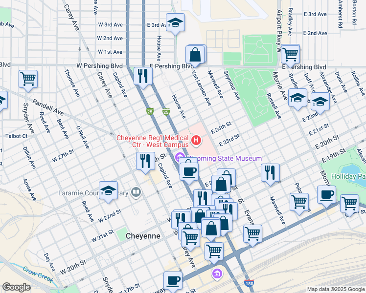 map of restaurants, bars, coffee shops, grocery stores, and more near Warren Avenue in Cheyenne