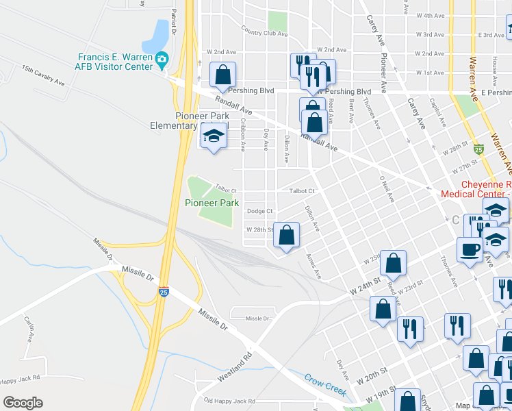 map of restaurants, bars, coffee shops, grocery stores, and more near 1214 Dodge Ct in Cheyenne