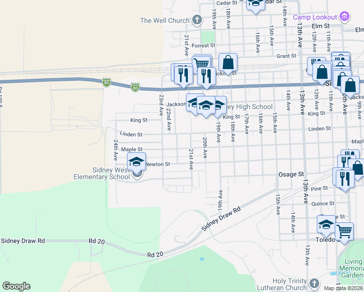 map of restaurants, bars, coffee shops, grocery stores, and more near 2130 Maple Street in Sidney