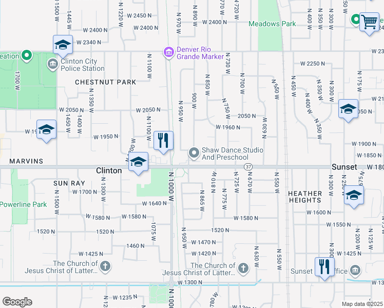 map of restaurants, bars, coffee shops, grocery stores, and more near 909 West 1870 North in Clinton