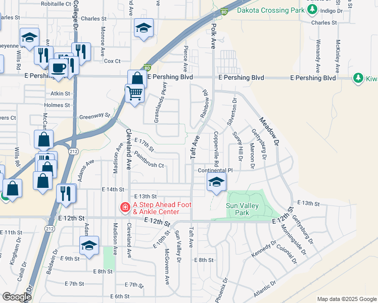 map of restaurants, bars, coffee shops, grocery stores, and more near 1603 Taft Avenue in Cheyenne