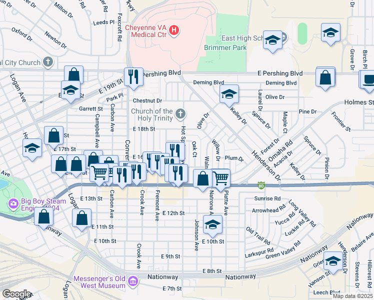 map of restaurants, bars, coffee shops, grocery stores, and more near 1602 Hot Springs Avenue in Cheyenne