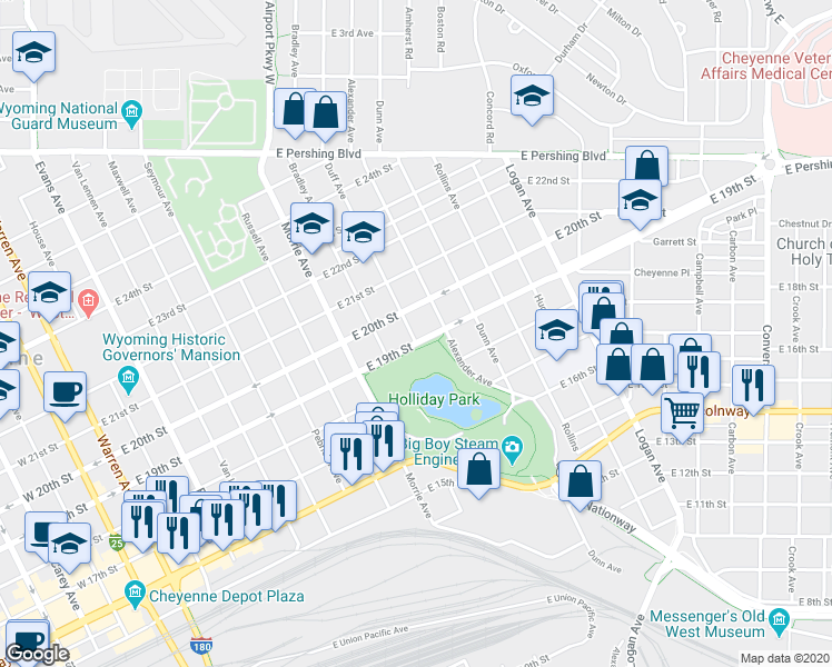 map of restaurants, bars, coffee shops, grocery stores, and more near 1200 East 19th Street in Cheyenne