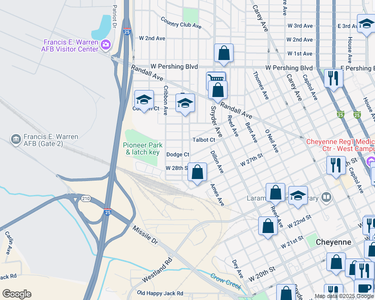 map of restaurants, bars, coffee shops, grocery stores, and more near 1100 Dodge Court in Cheyenne