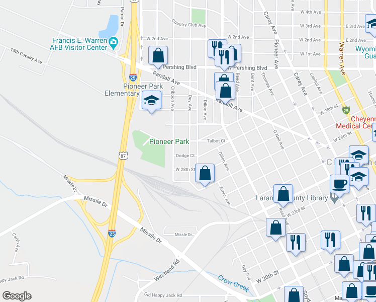 map of restaurants, bars, coffee shops, grocery stores, and more near 1214 Dodge Court in Cheyenne