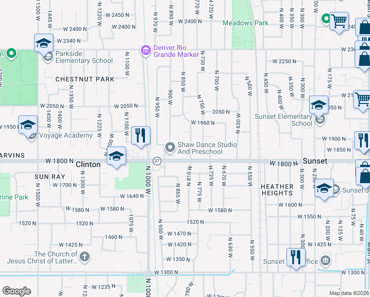 map of restaurants, bars, coffee shops, grocery stores, and more near 847 West 1875 North in Clinton