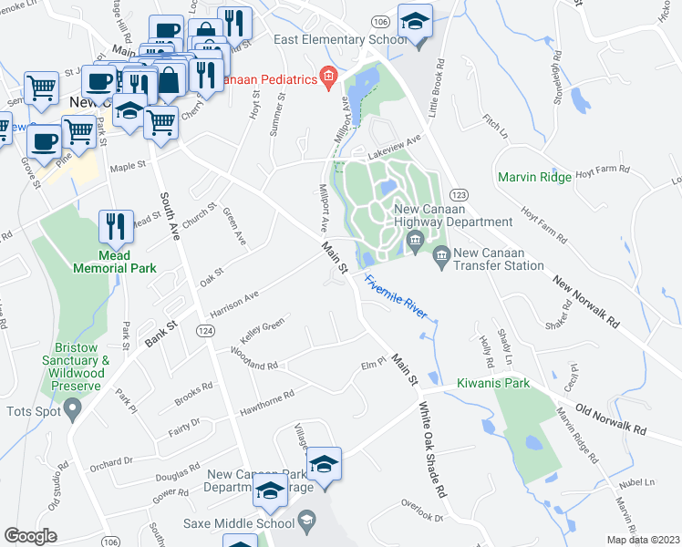 map of restaurants, bars, coffee shops, grocery stores, and more near 402 Main Street in New Canaan