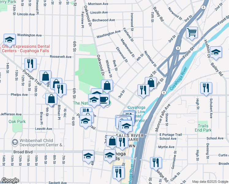 map of restaurants, bars, coffee shops, grocery stores, and more near 2323 Oakwood Drive in Cuyahoga Falls