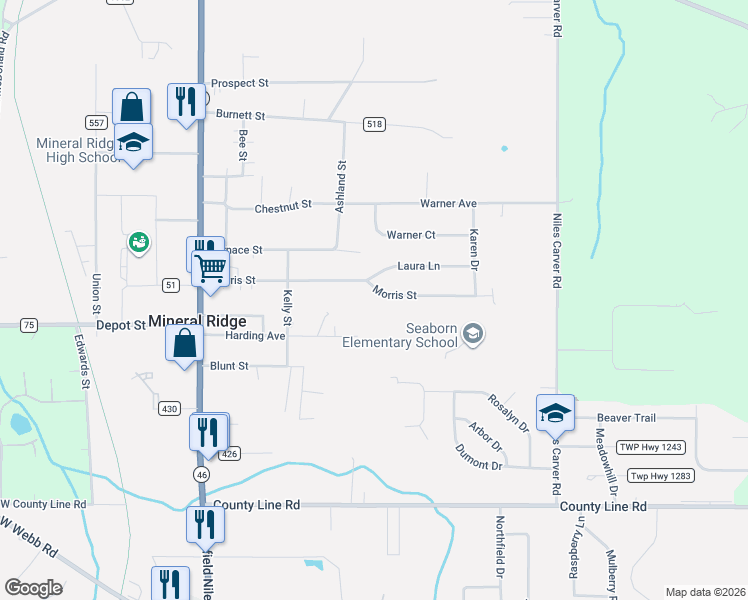map of restaurants, bars, coffee shops, grocery stores, and more near 1626 Morris St in Mineral Ridge