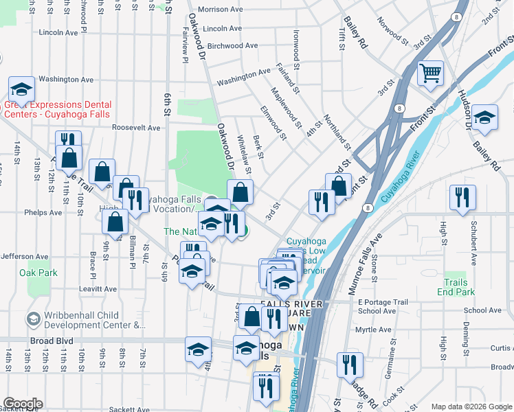 map of restaurants, bars, coffee shops, grocery stores, and more near 2323 Oakwood Drive in Cuyahoga Falls