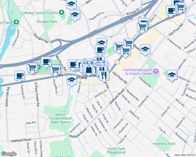 map of restaurants, bars, coffee shops, grocery stores, and more near 1499 Post Road in Fairfield