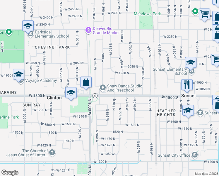 map of restaurants, bars, coffee shops, grocery stores, and more near 847 West 1875 North in Clinton
