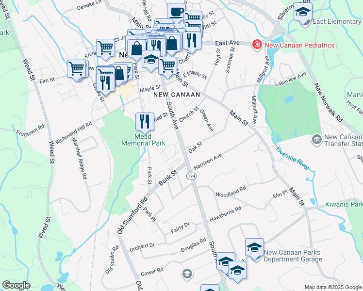 map of restaurants, bars, coffee shops, grocery stores, and more near 182 New Street in Canaan