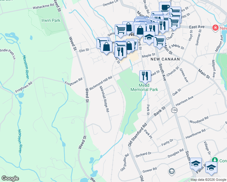 map of restaurants, bars, coffee shops, grocery stores, and more near 58 Sunrise Avenue in New Canaan