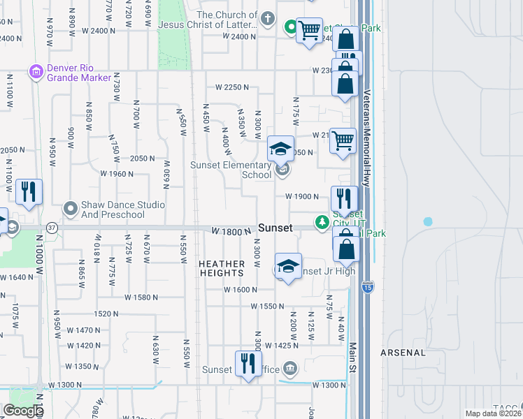 map of restaurants, bars, coffee shops, grocery stores, and more near 1856 North 300 West in Sunset