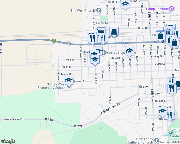 map of restaurants, bars, coffee shops, grocery stores, and more near 2130 Maple Street in Sidney