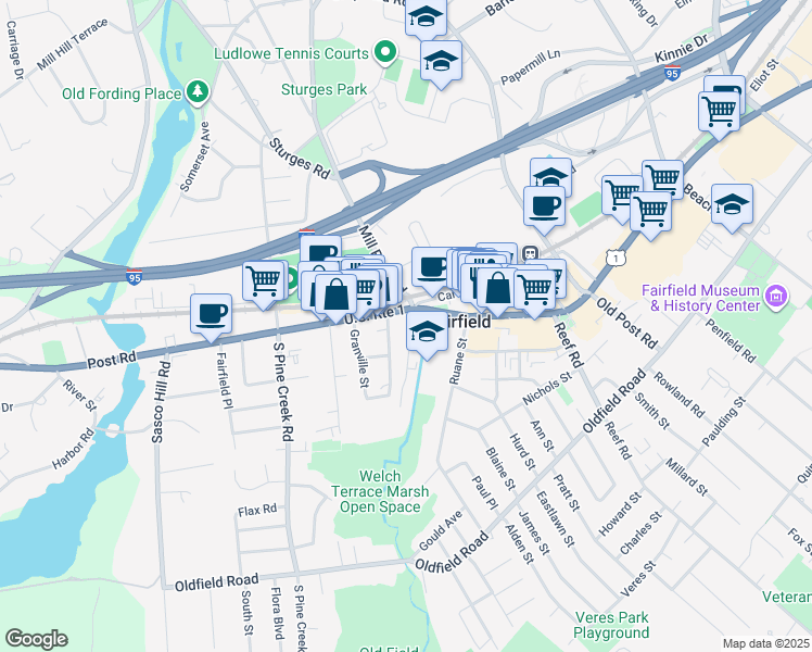map of restaurants, bars, coffee shops, grocery stores, and more near 49 Thorpe Street in Fairfield